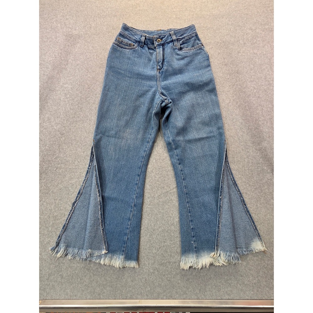 High Waisted Side‎ Slit Flare Jeans Blue Raw Hem Wide Leg Denim 25